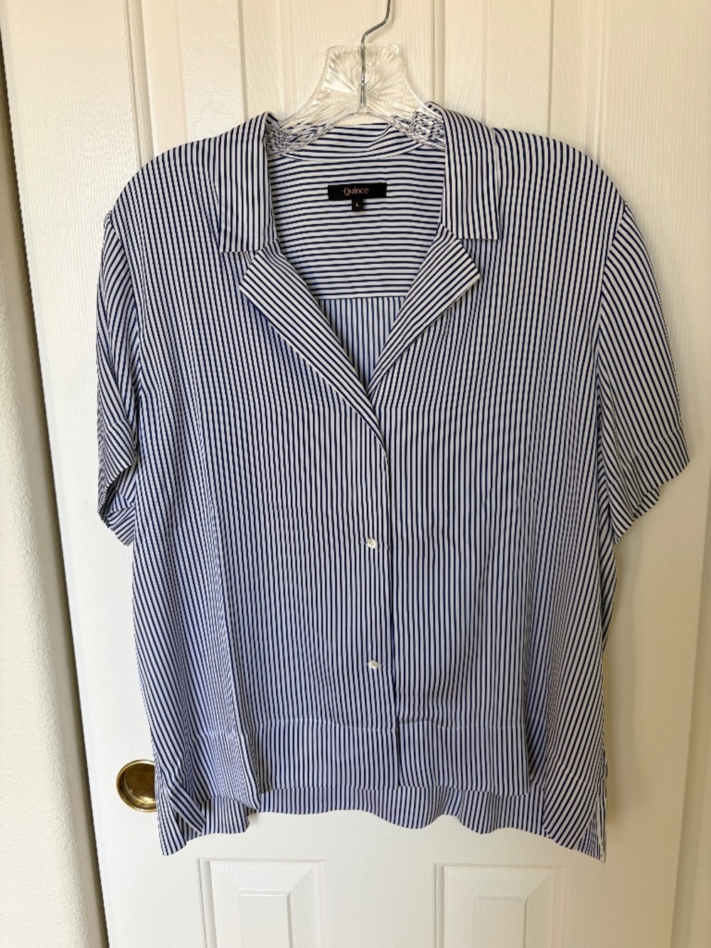 New Quince Washable Stretch Silk Short Sleeve Blouse Navy/white stripe Large - Picture 5 of 8